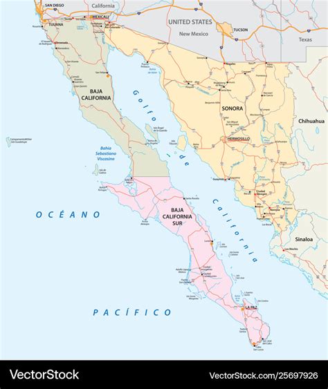 Road map mexican states sonora and baja california