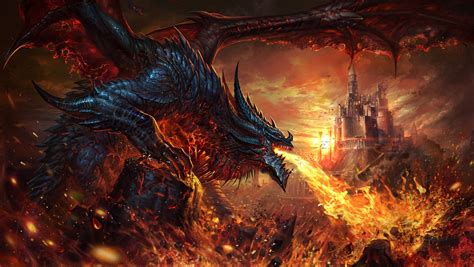 Dragon's Fury: Castle in Flames - HD Wallpaper by li fengyang