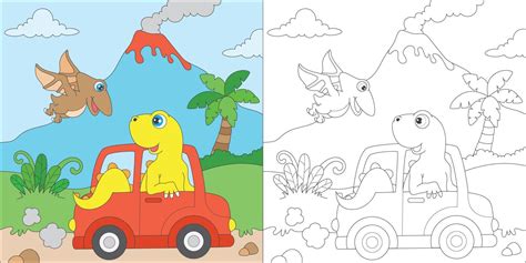 coloring dino riding a car 17556856 Vector Art at Vecteezy