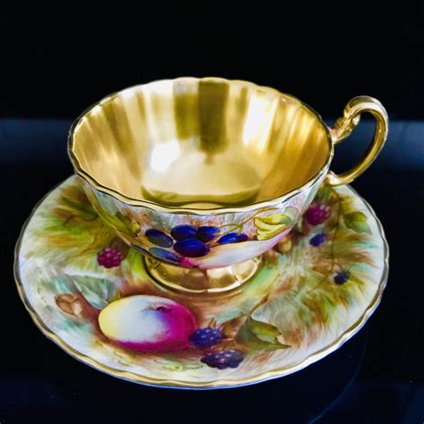 Aynsley Tea Cup and Saucer Fine bone china England detailed colorful fruit heavy gold ...