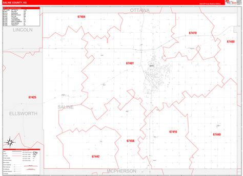 Saline County, KS Zip Code Wall Map Red Line Style by MarketMAPS - MapSales