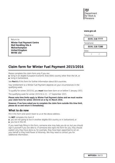 Claim form for Winter Fuel Payment 2015/2016