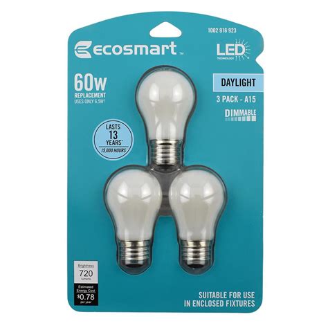 EcoSmart 60-Watt Equivalent A15 Dimmable Energy Star Frosted Filament LED Light Bulb Daylight (3 ...