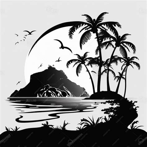 Premium Photo | A black and white silhouette of a tropical island with palm trees generative ai