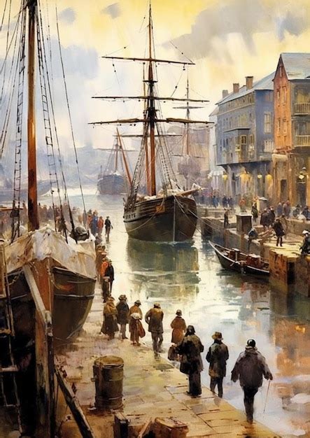 Premium AI Image | Painting of a harbor scene with people walking on ...