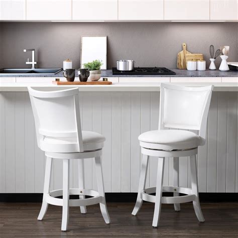 CorLiving Woodgrove 25 in. Counter Height White Wood Swivel Barstools with White leatherette ...