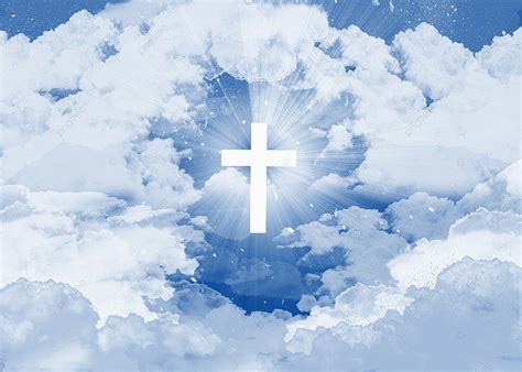 a cross in the middle of clouds with blue sky and sun shining through it's center