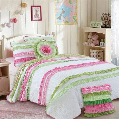 Cozy Line Pink Green Chic Ruffles Girl 100% Cotton Reversible Quilt ...