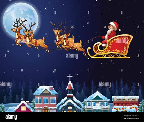 Santa Claus riding his reindeer sleigh flying over town Stock Vector ...