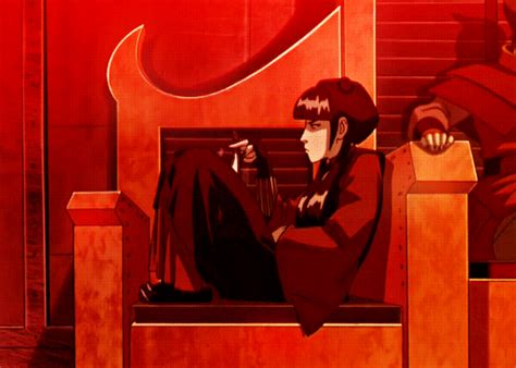 an anime character sitting on a bench in front of a red wall and ...