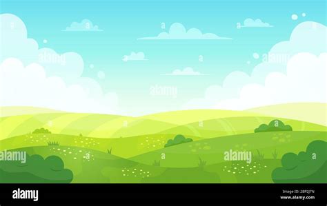 Cartoon meadow landscape. Summer green fields view, spring lawn hill ...