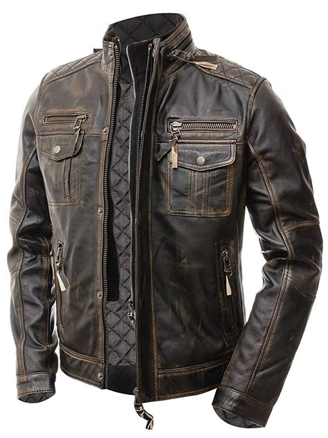 Men’s Motorcycle Slim Fit Vintage Distressed Brown Cafe Racer Leather Jacket | Brown leather ...