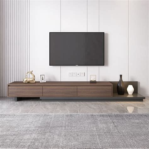 Minimalist 3-Drawer Retracted & Extendable TV Stand in Walnut & Gray Up to 120"