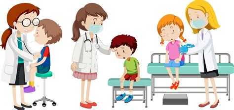 Many patient kids and doctors cartoon character on white background ...