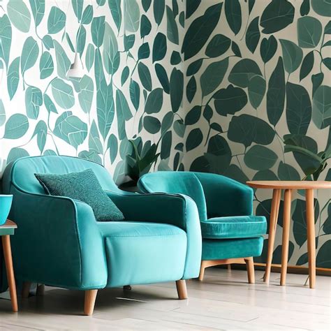 Premium AI Image | Chair and turquoise sofa in green living room interior with leaves wallpaper ...