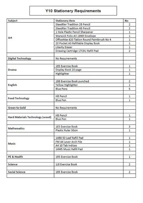 Stationery Lists - Otamatea High School