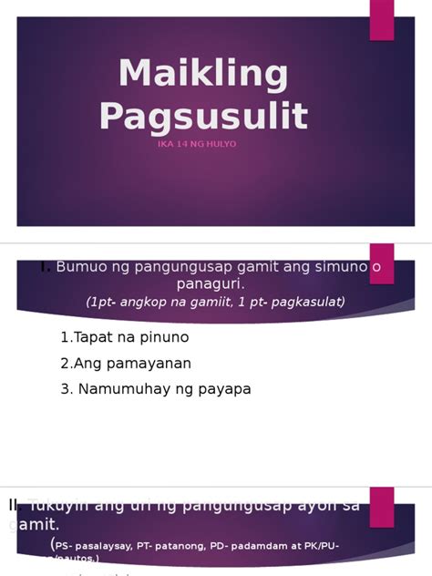 Maikling Pagsusulit 1 (Simuno at Panaguri, Uri Ng Pangungusap Ayon Sa ...