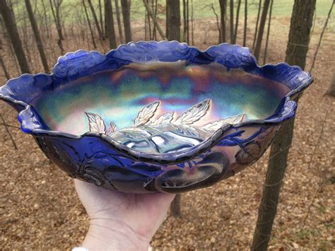 Antique Dugan Blue Peach & Pear Carnival Glass Large Oval Bowl ...