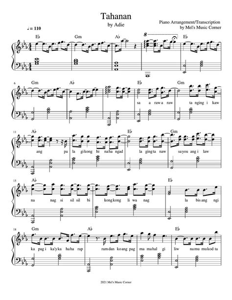 Adie - Tahanan (piano sheet music) Sheet by Mel's Music Corner