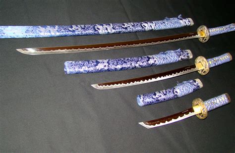 Blue/Gold 3 Piece Samurai Sword Set Samurai Katana Wakizashi Tanto ...