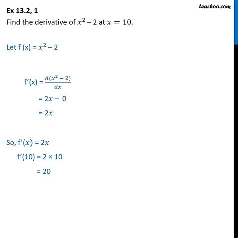 Ex 12.2, 1 - Find derivative of x^2 - 2 at x = 10 - Class 11