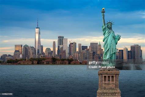 The Statue Of Liberty With Downtown New York Skyline Panorama With ...