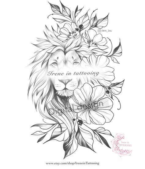 Lion & Flowers Tattoo Design Instant Download Original | Etsy