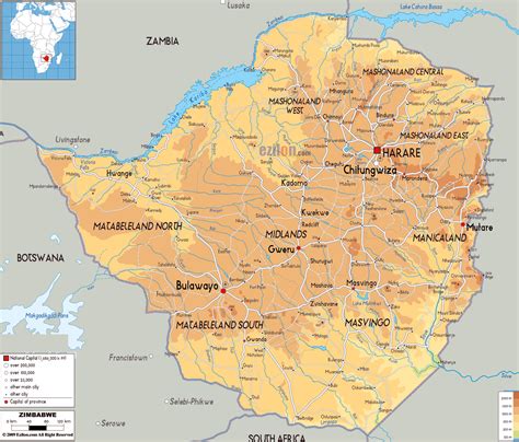 Large physical map of Zimbabwe with roads, cities and airports ...