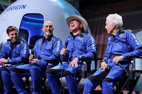 VAN HORN, TEXAS – JULY 20: Blue Origin’s New Shepard crew (L-R) Oliver Daemen, Mark Bezos, Jeff ...