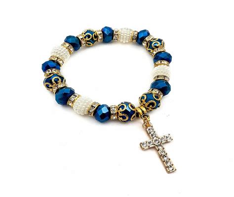 Catholic Cross Rosary Bracelet Deep Blue Crystal Beads