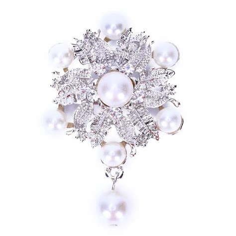 Elegant Simulated Pearl Wedding Bridal Brooch Pins Silver Color Rhinestone Covered Scarves Shawl ...