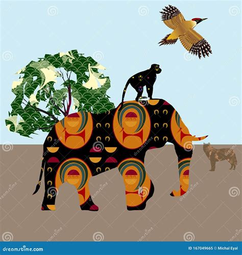 Monkey Rides an Elephant for a Walk Stock Illustration - Illustration of elephant, collage ...