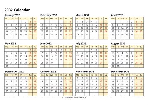 Download Editable Calendar 2032, Monday Start