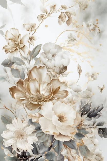 Premium Photo | White Flowers in a Gold Leaf Style Tile Print Digital Painting Art