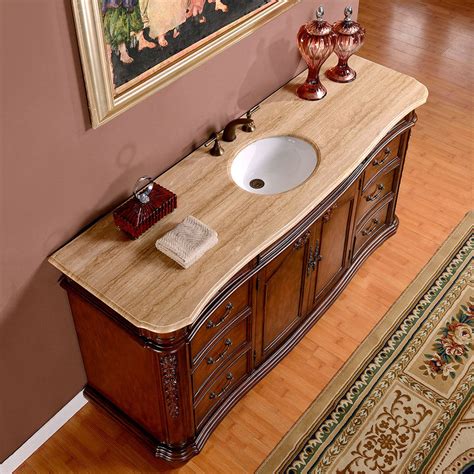 72 inch Antique Single Sink Bathroom Vanity Cream Marfil Marble Counter Top