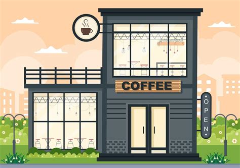 Coffee Shop Illustration With Open Board, Tree, And Building Store Exterior. Flat Design Concept ...