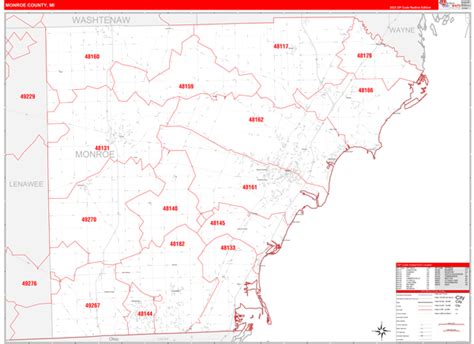 Monroe County, MI Zip Code Wall Map Red Line Style by MarketMAPS - MapSales