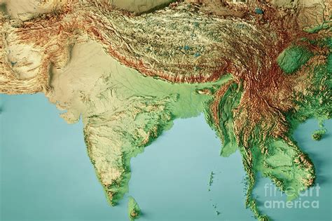 India Topographic Map Horizontal 3D Render Color Digital Art by Frank ...