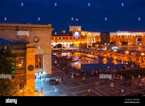 Republic Square at night, Yerevan City, Armenia, Middle East Stock ...