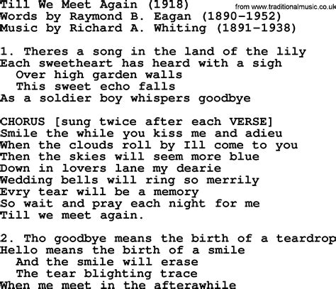 World War One(WW1)Era Song Lyrics for: Till We Meet Again 1918