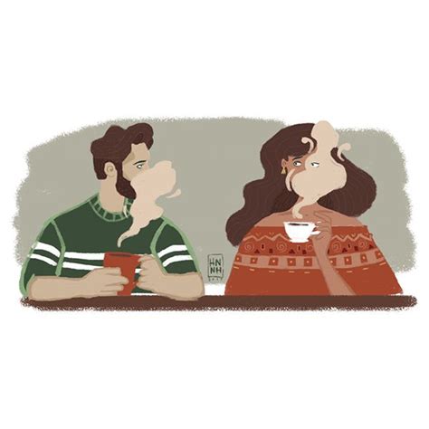 two people sitting at a table with cups in their hands, one drinking coffee and the other looking up