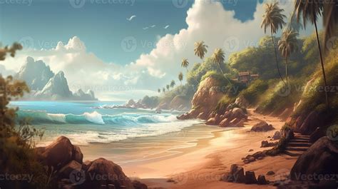 Beach Fantasy Backdrop Concept Art Realistic Illustration Background ...