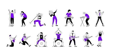 Rock musicians flat contour vector illustrations set. Music band members. Guitarists, drummers ...