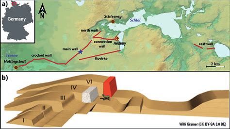 a) Map of the Danevirke system with blue star indicating the location ...