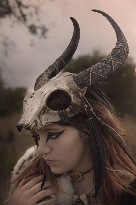 Skull headdress feather viking costume shaman mask black horns tribal pagan warrior crown ...