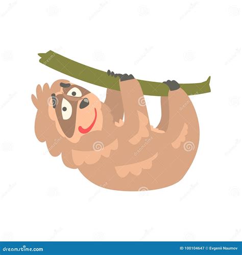 Cute Cartoon Sloth Character Hanging on the Tree, Funny Tropical Animal Vector Illustration ...