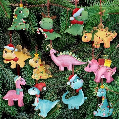 Amazon.com: Weysat 12 Pcs Dinosaur Christmas Ornament Wooden Dinosaur Xmas Ornament Cute Hanging ...