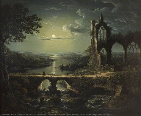 Paintings Reproductions Moonlit River Scene with a Ruined Gothic Church ...