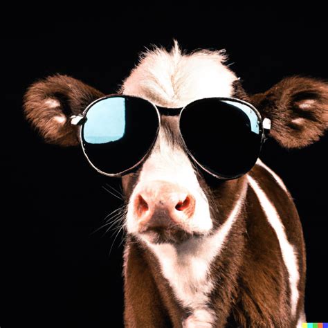 A photograph of a cool baby cow wearing sunglasses, 50 mm lens, studio ...