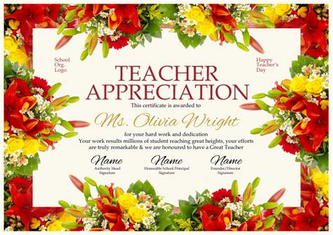 Teacher Certificate Of Appreciation Template